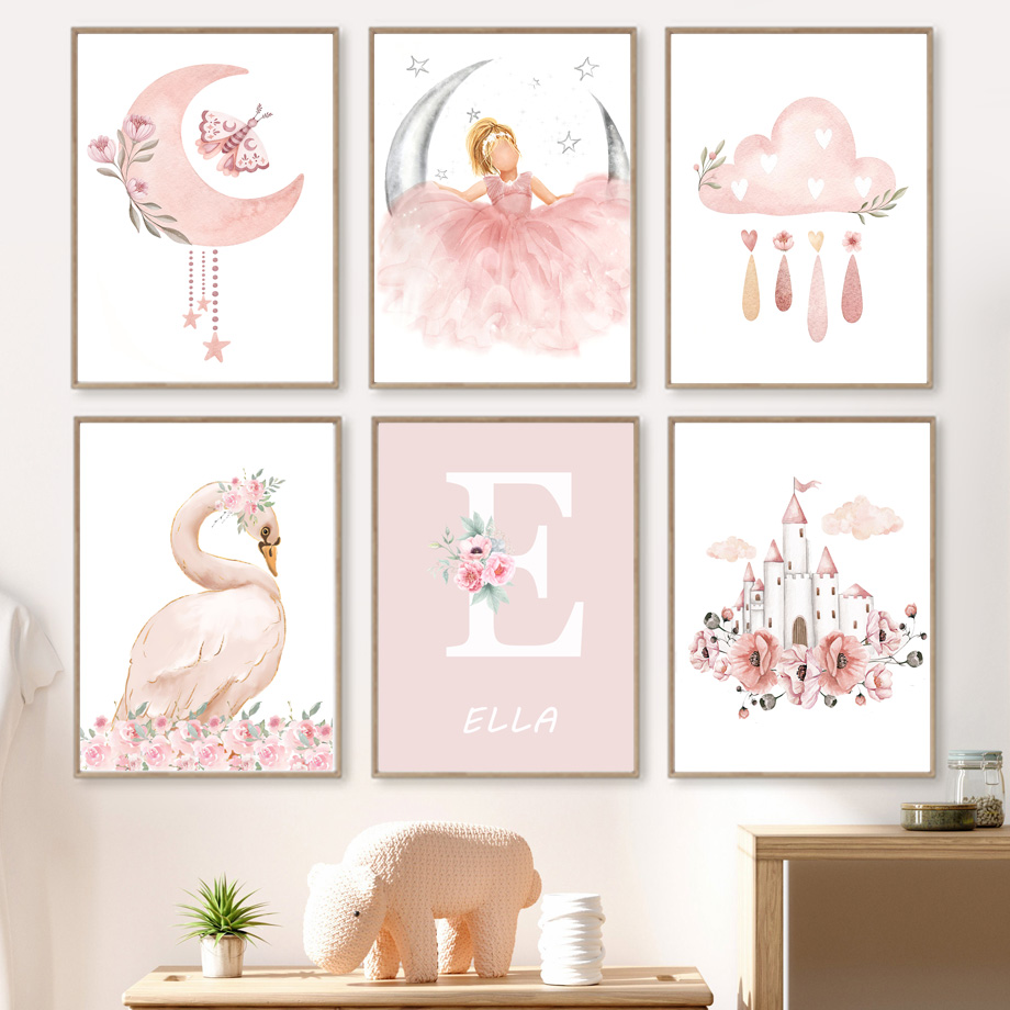Baby Nursery Decor Girl - Rosa anjo menina sol lua nuvem
