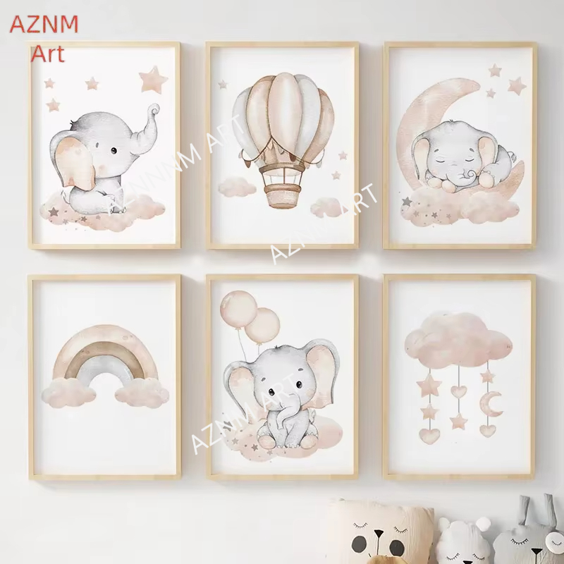 Baby Nursery Home - Pôsteres de elefante, balão, arco-íris, lua,
