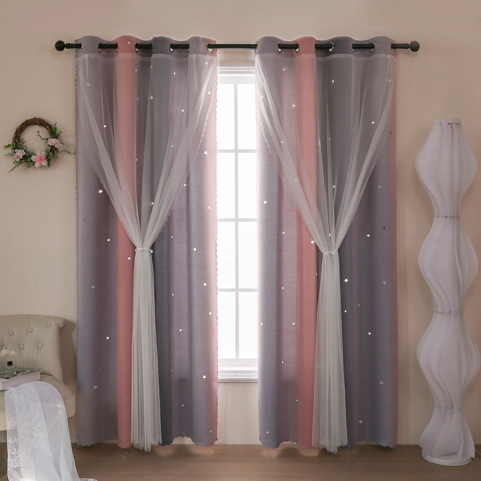 Blackout Curtain Nursery - Cortinas perfuradas de camada dupla gradiente,