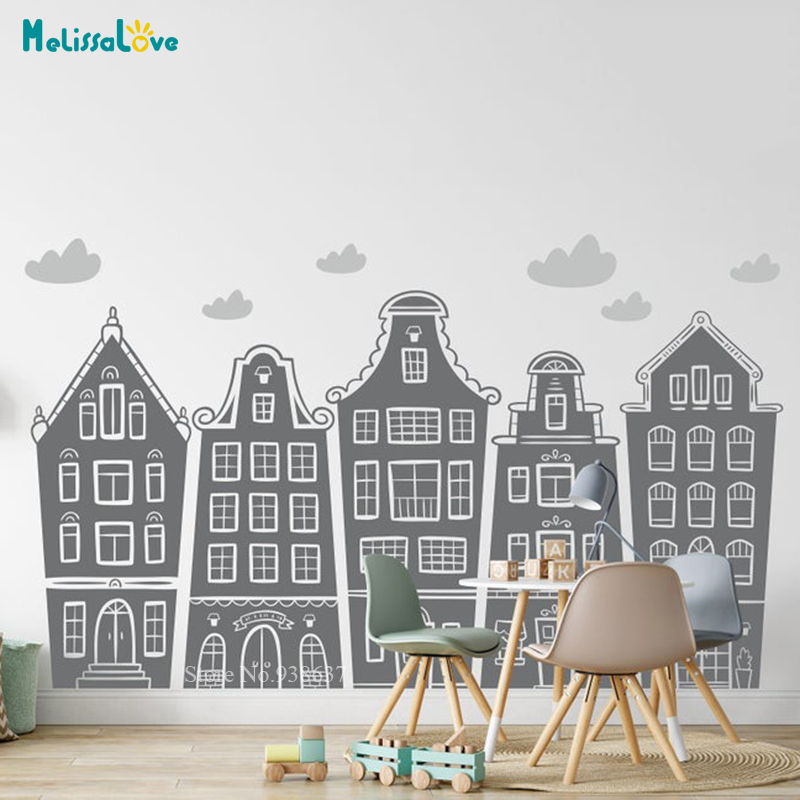 Baby Nursery Wall Decals - Decalque escandinavo casas e nuvens para