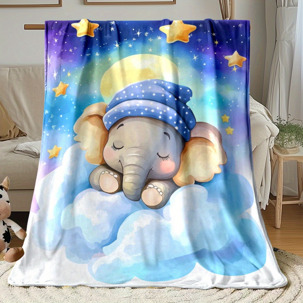Baby Nursery Animal Theme - Bebê dormindo elefante nuvem estrela noite